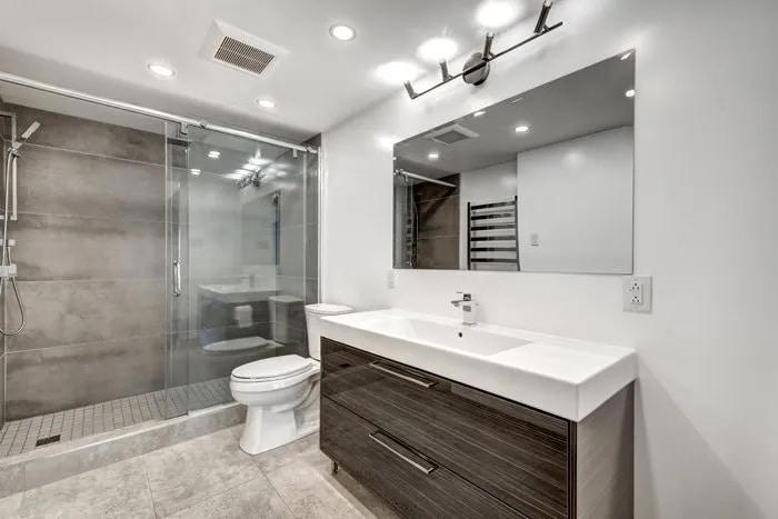 Bathroom vanity, sink, and toilet